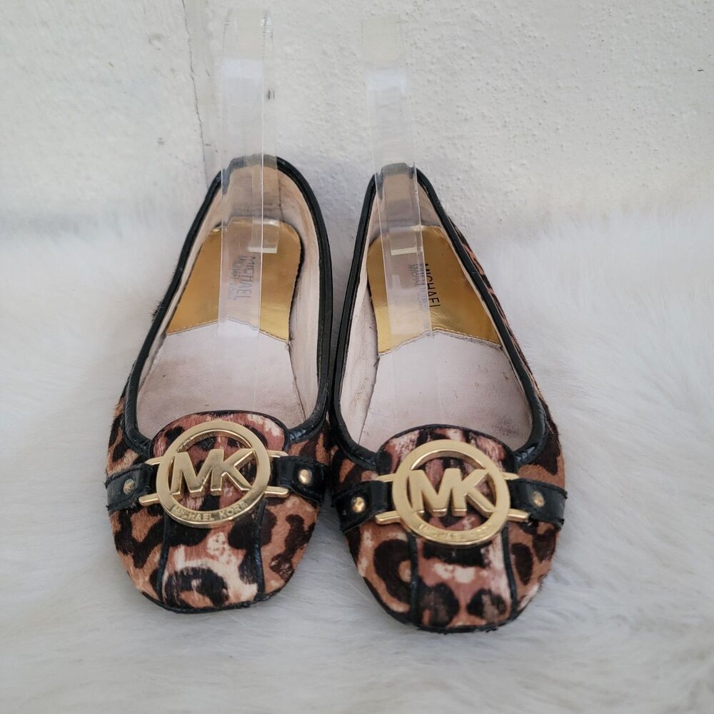 Michael Kors Sz 7 Leopard Calf Hair Diving Loafer Gold Medallion MK Logo Flat